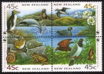 Wildlife Species Unique To New Zealand: Complete Set in a Block of 4 Different