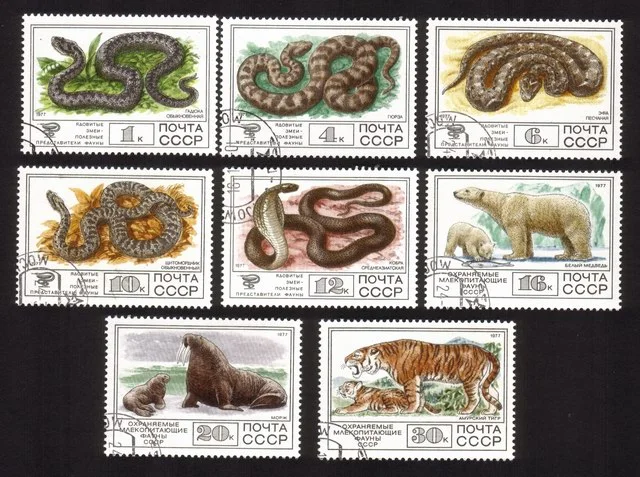 Protected Fauna: Snakes, Polar Bears, Walrus, Tiger, Etc Complete Set of 8 Diff