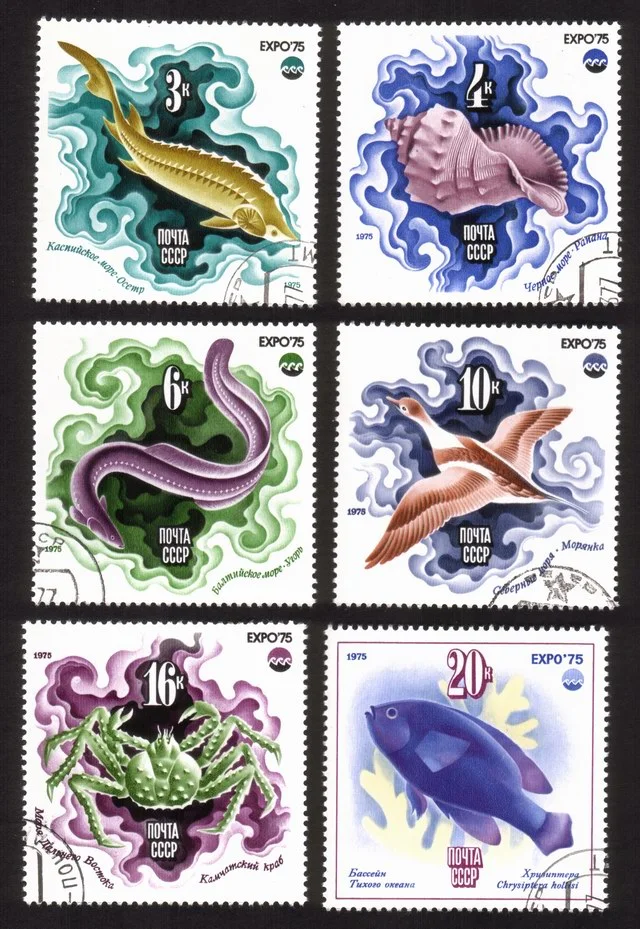 OceanExpo '75 (Okinawa) Sealife: Sturgeon, Eel, Sea Duck, Etc. - Cplt Set of 6