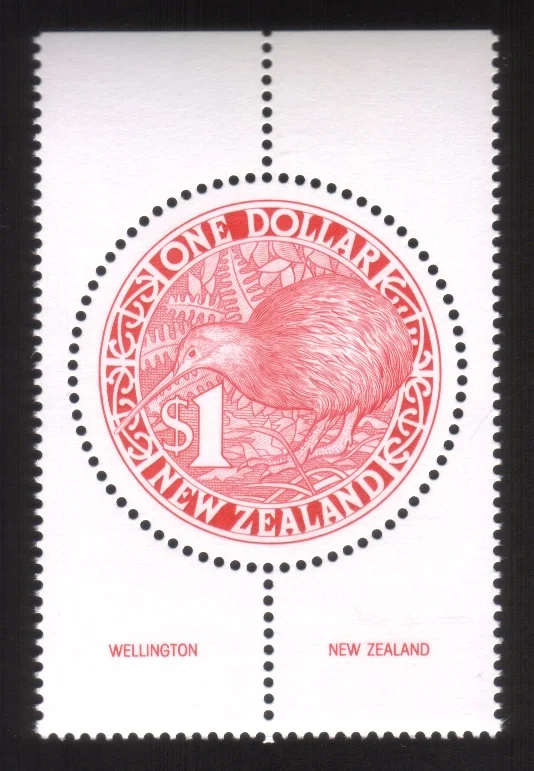One Dollar Kiwi Bird - Round Stamp (Red) With Surrounding Selvage