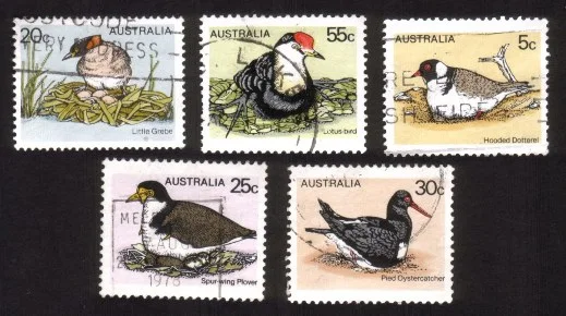 Australian Birds: Grebe, Plover, Dotterel, Etc. - Complete Set of 5 Different