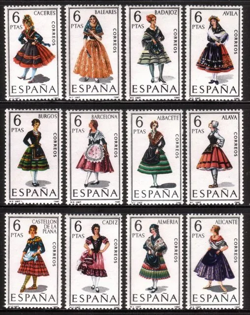 Regional Costumes: Women From Alava, Barcelona, Caceres, Etc Cplt Set of 12 Diff