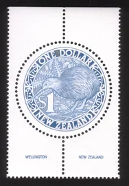 One Dollar Kiwi Bird - Round Stamp (Blue) With Surrounding Selvage